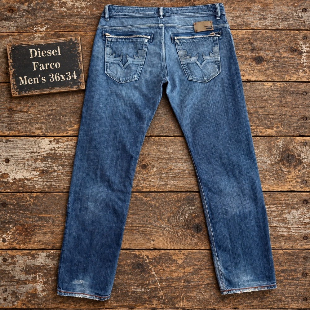Diesel Farco Mens 36x34 Blue Distressed Made in Italy Zipper Pocket Jeans